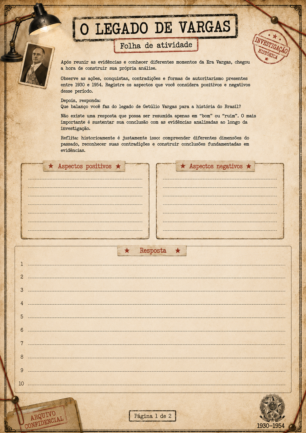 Folha de atividade O Legado de Vargas